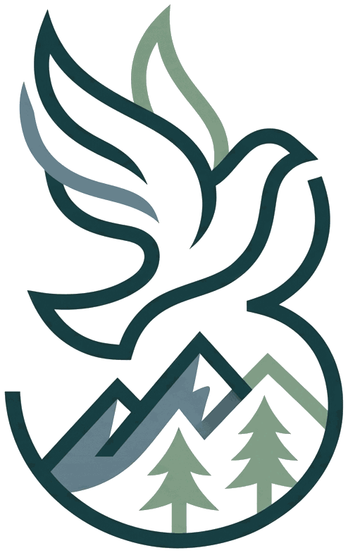 Third Person Church emblem: a descending dove forming the numeral three above Cascade ridges and evergreen pines